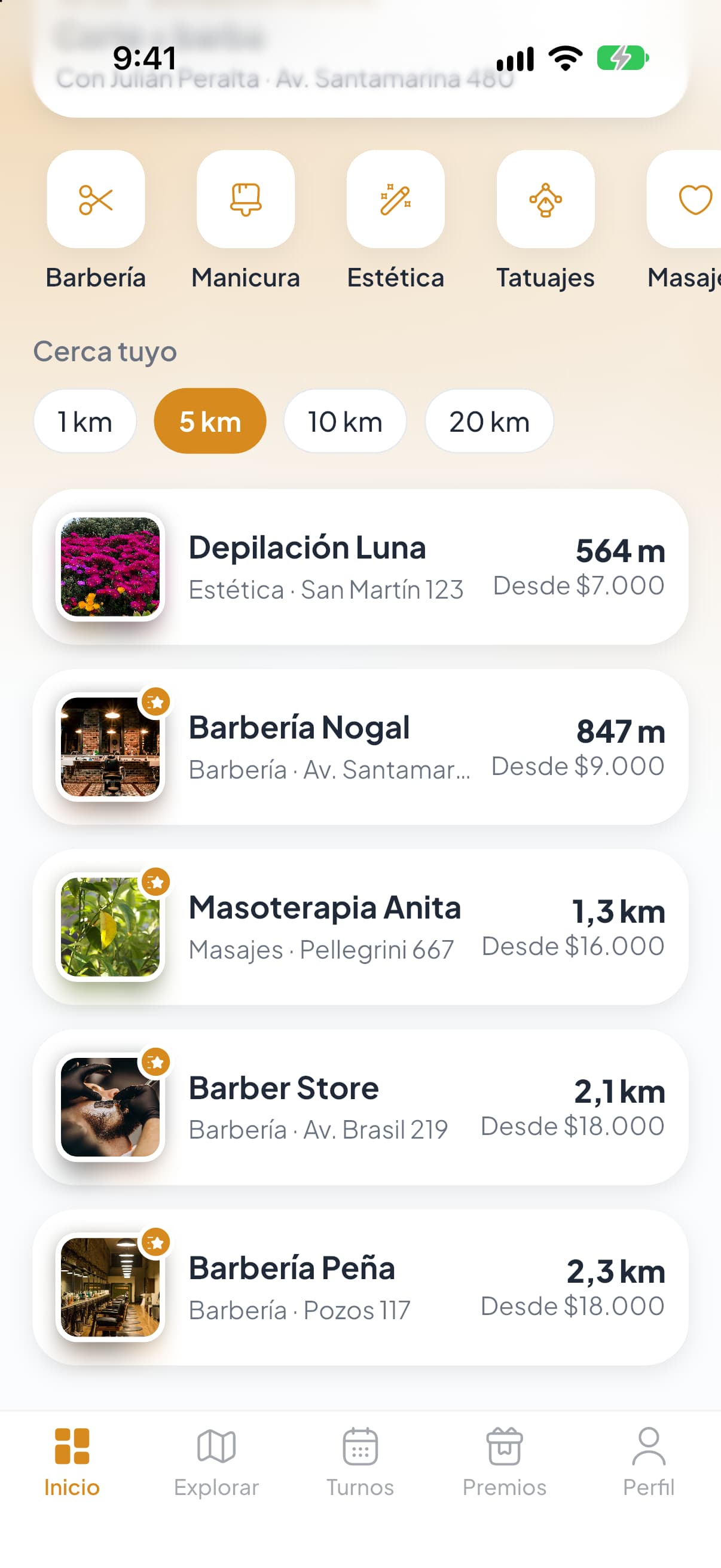 Locales cerca tuyo: cada uno con su foto, su rubro, la distancia y desde qué precio atiende.