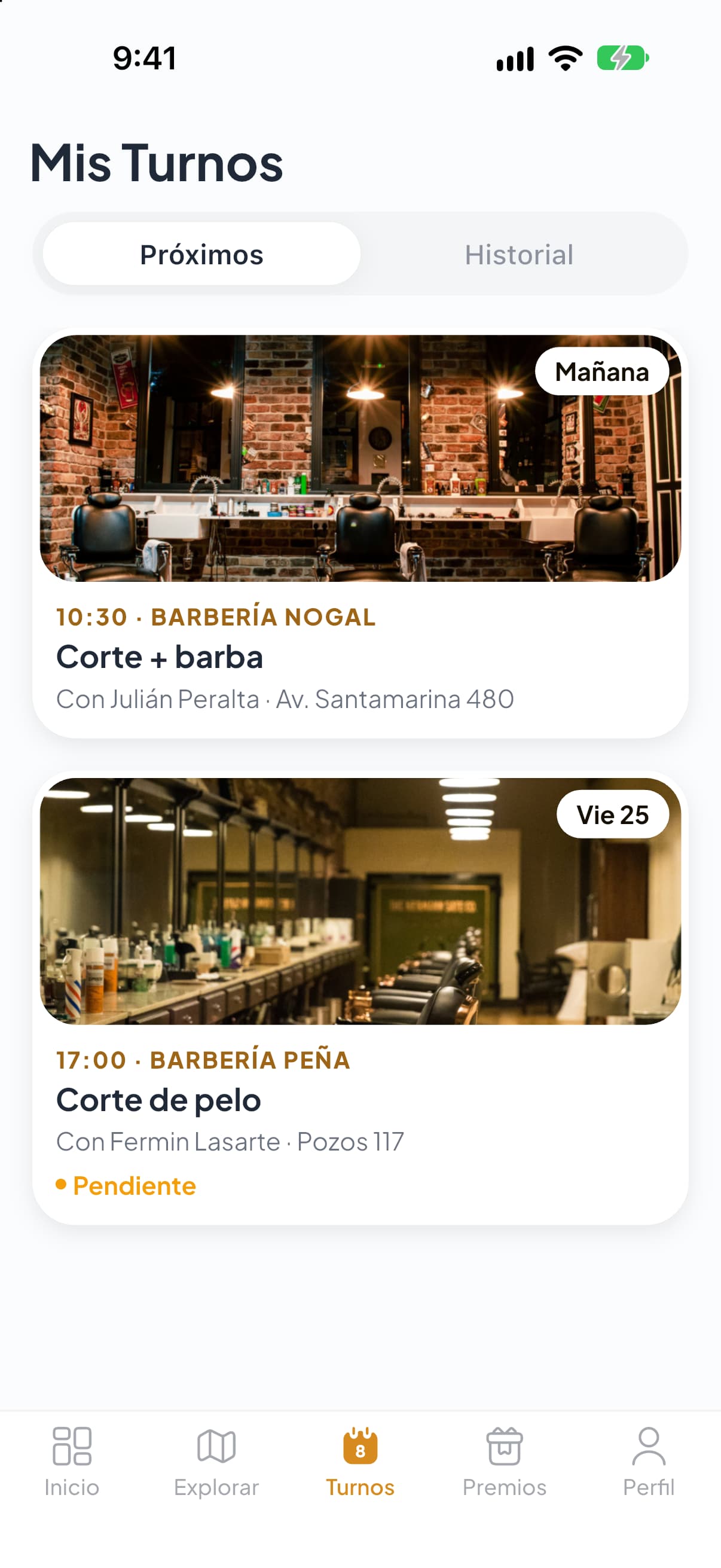 Mis turnos: los próximos turnos reservados, cada uno con el local, el horario, el servicio y su estado.
