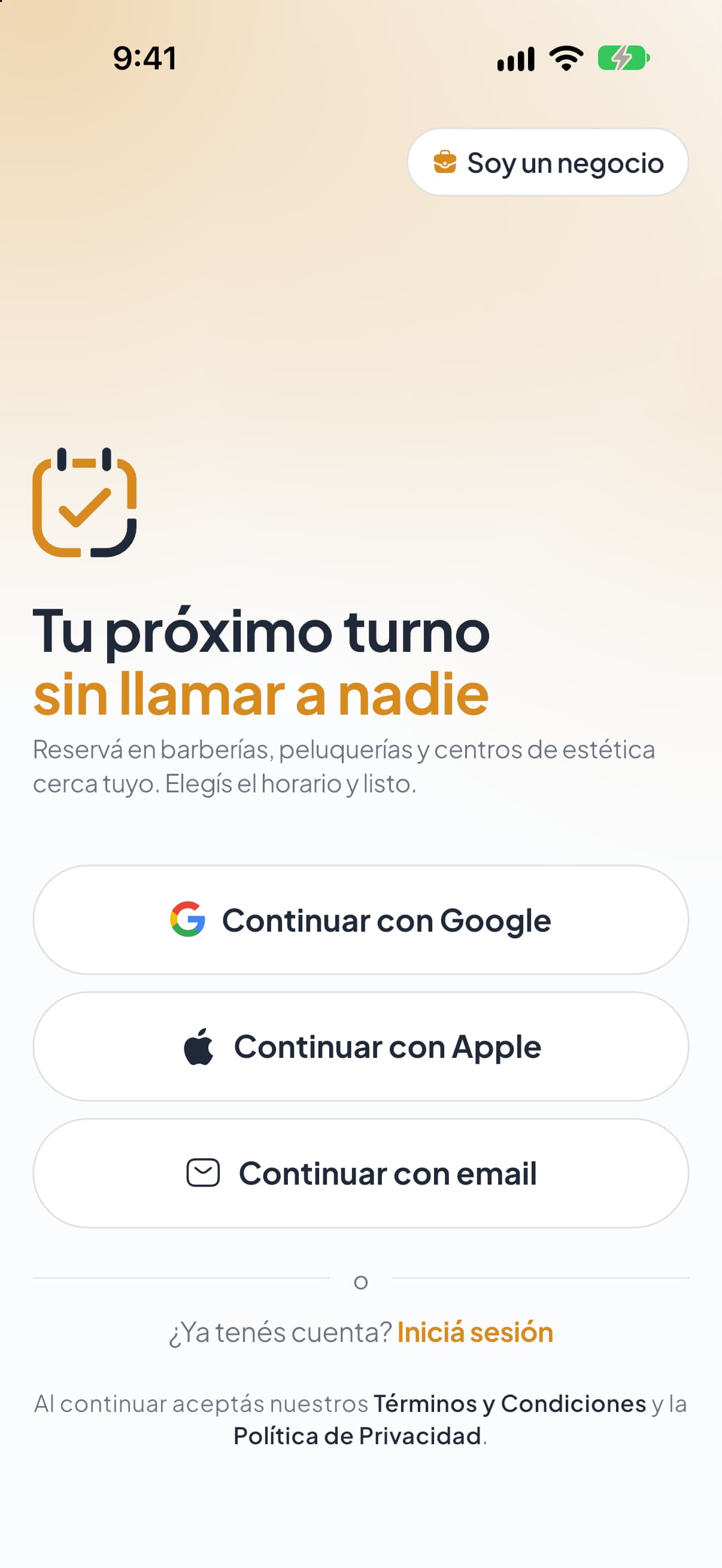 Bienvenida de Bookit: tu próximo turno sin llamar a nadie, con las opciones para entrar con Google, Apple o email.