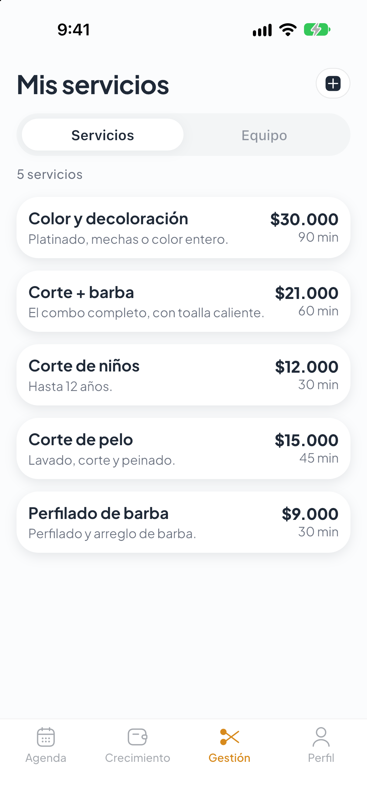 Servicios del local: cada uno con su descripción, su precio y su duración.