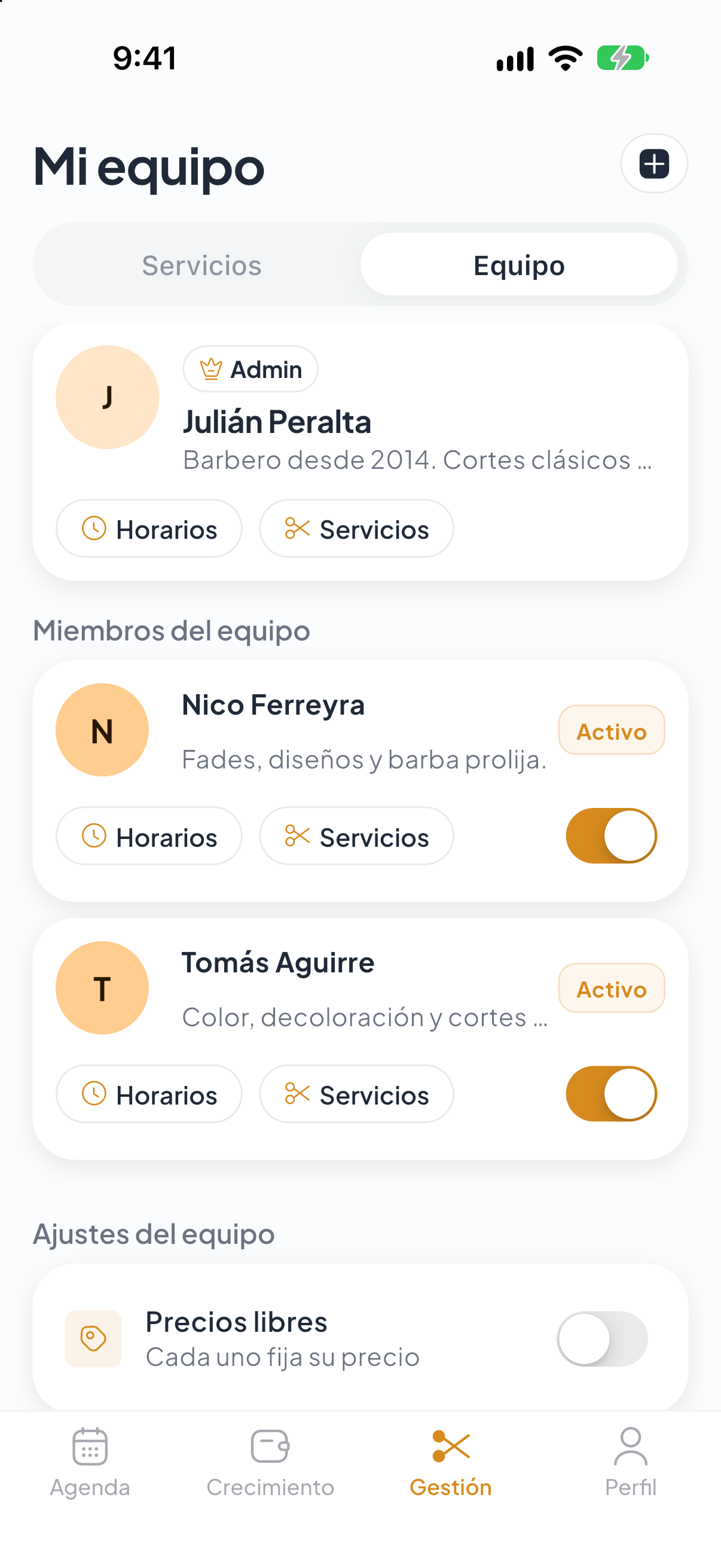 Equipo del local: cada profesional con sus horarios y sus servicios, y si está activo.
